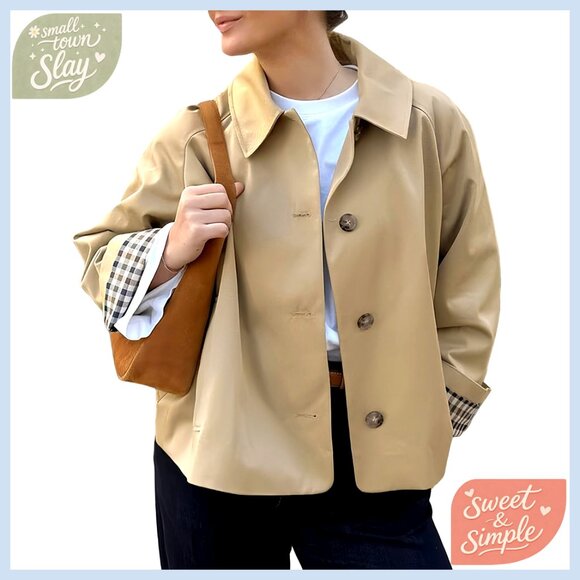 Cropped Trench Coat Lightweight Loose Fit Single Breasted Jacket